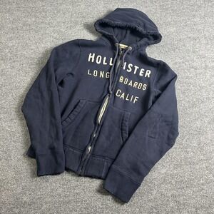 Hollister Hoodie Sweatshirt Mens Large Navy Blue Long Boards Calif Full Zip